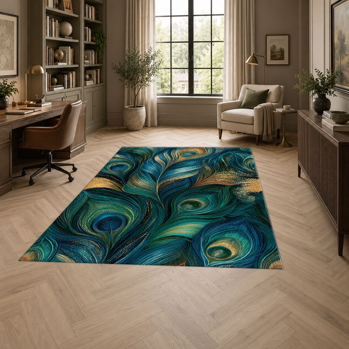 Blue Green Peacock Plume printed area rug