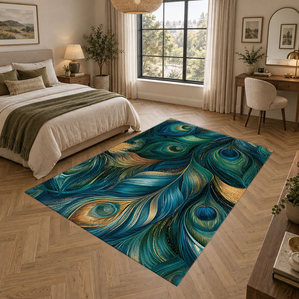 Blue Green Peacock Plume printed area rug