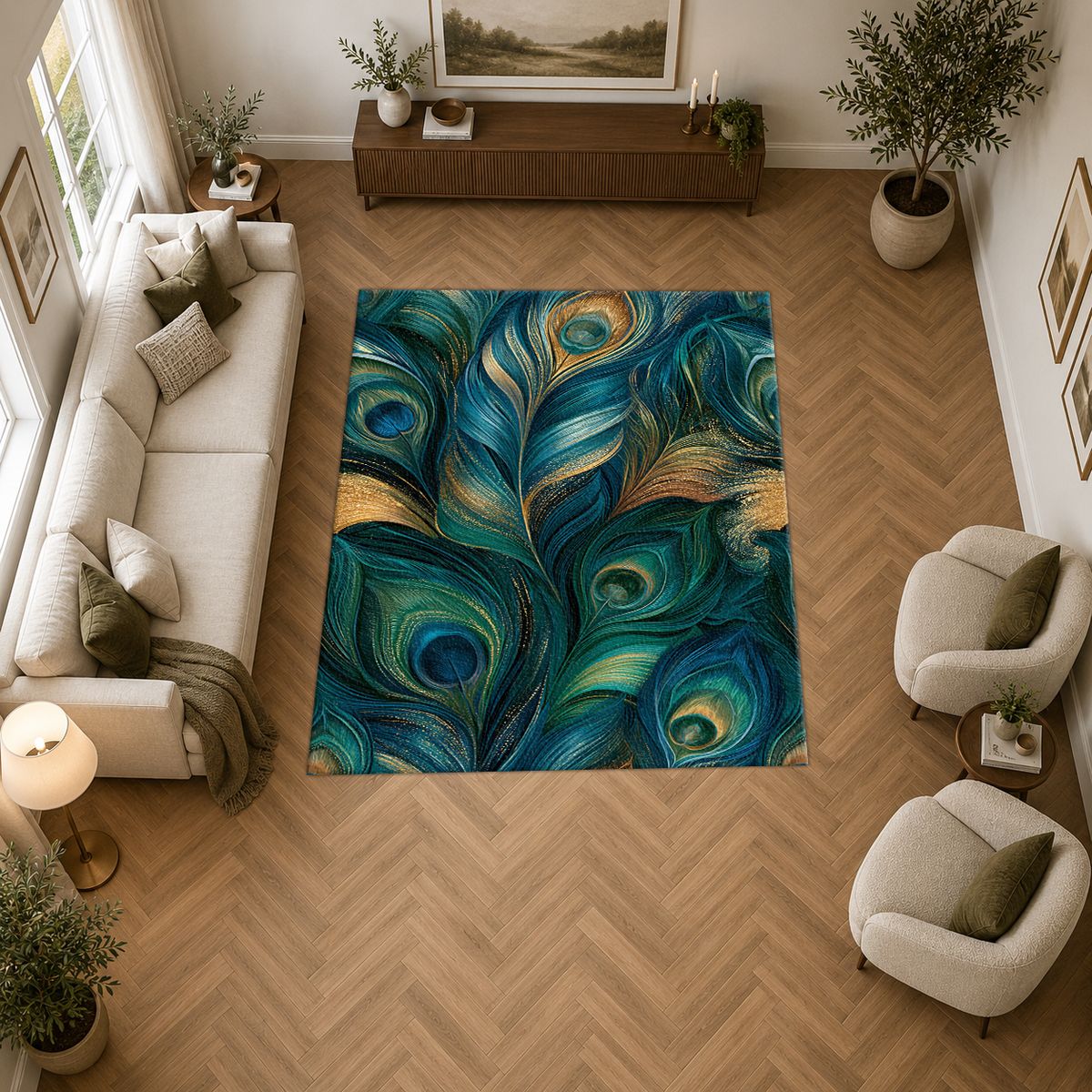 Blue Green Peacock Plume printed area rug