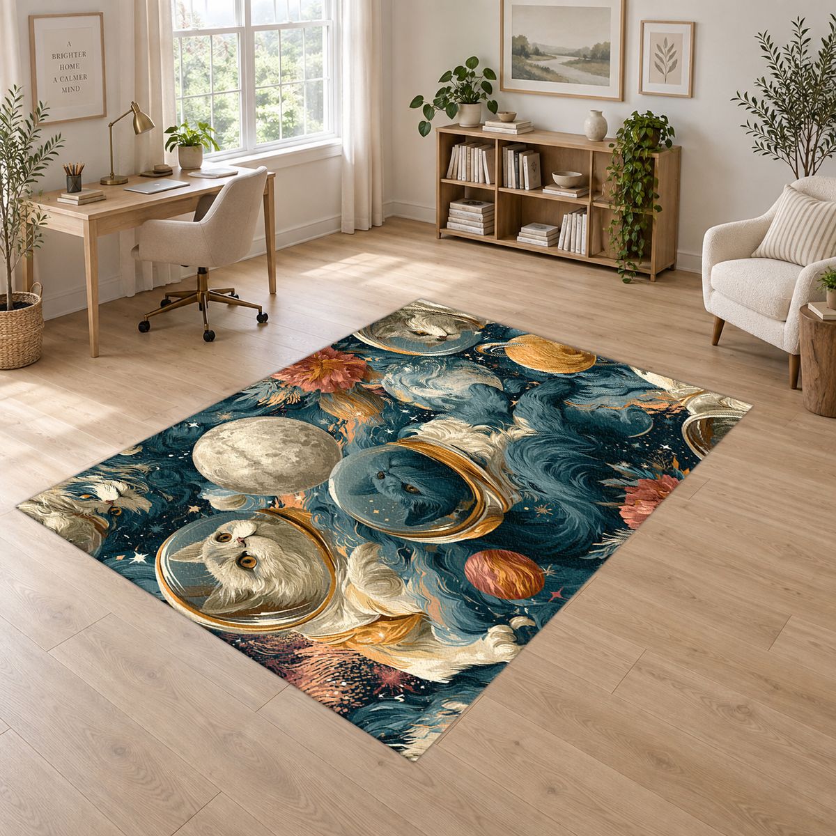Space Cats and Planets printed area rug