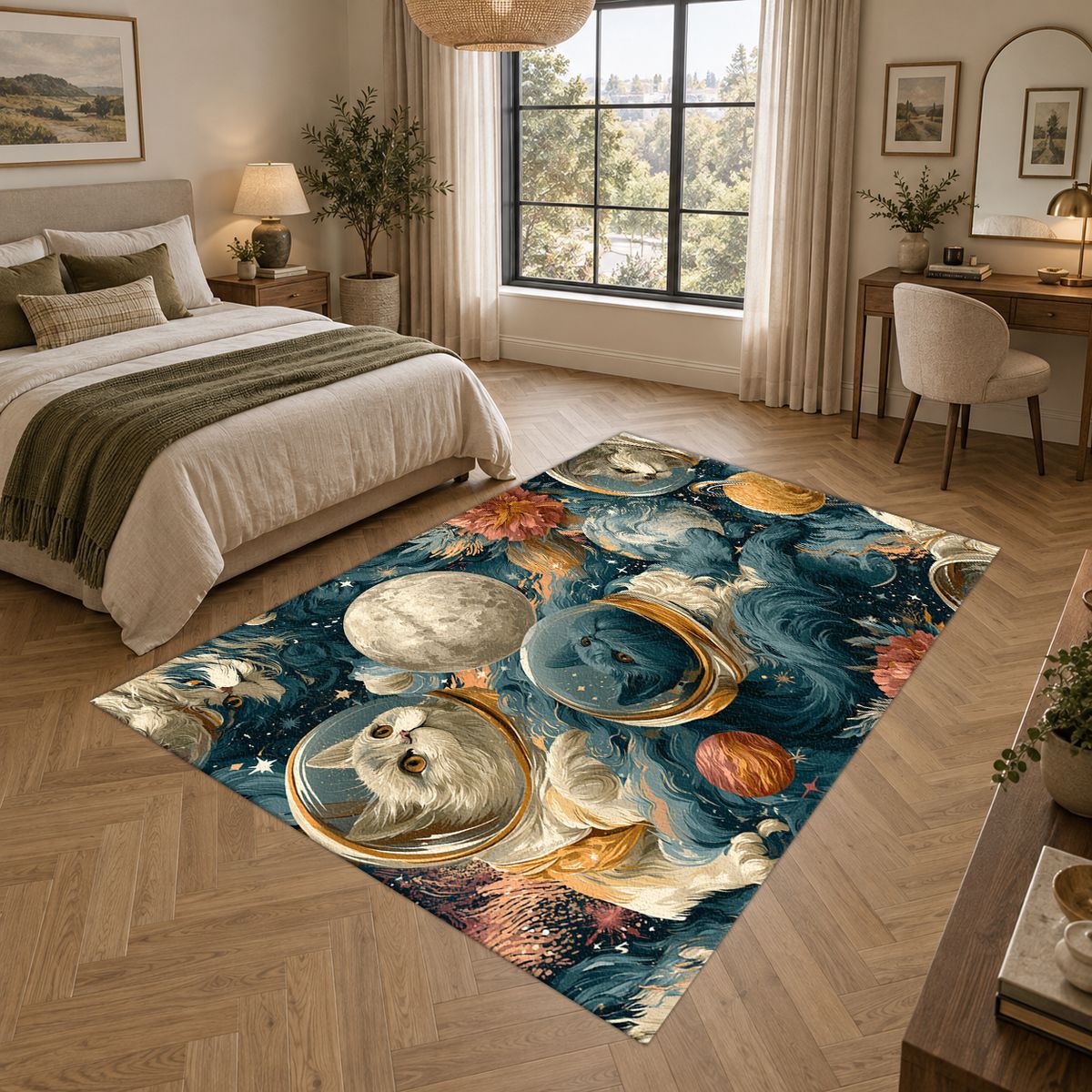 Space Cats and Planets printed area rug