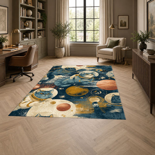 Astronaut Cats in Galaxy printed area rug
