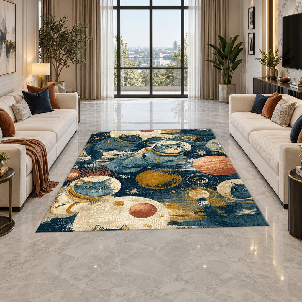 Astronaut Cats in Galaxy printed area rug