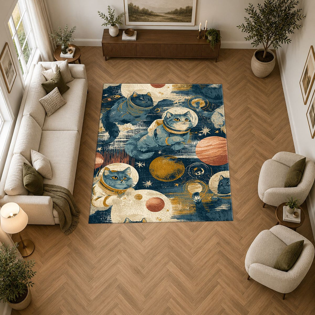 Astronaut Cats in Galaxy printed area rug
