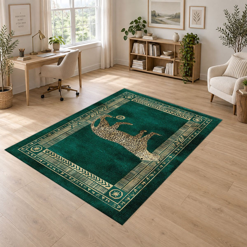Green Leopard Classic Border printed area rug