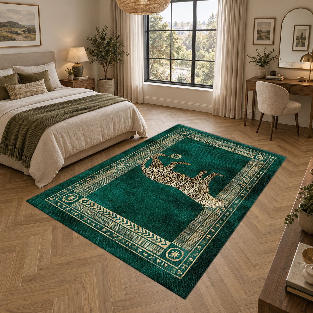 Green Leopard Classic Border printed area rug