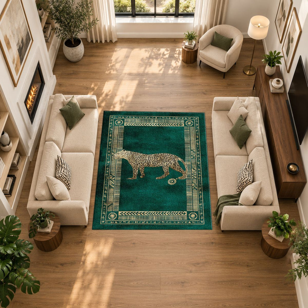 Green Leopard Classic Border printed area rug