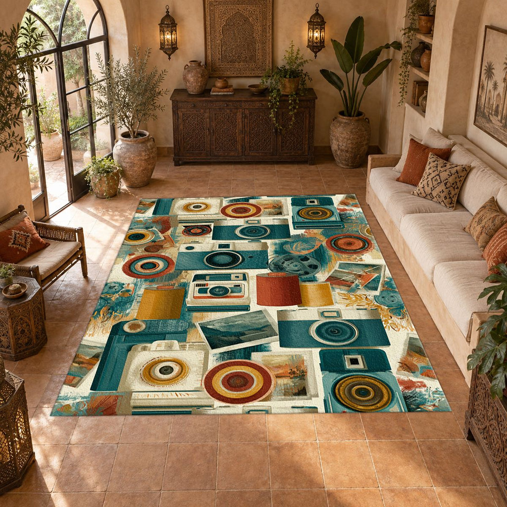 Retro Camera Collage printed area rug
