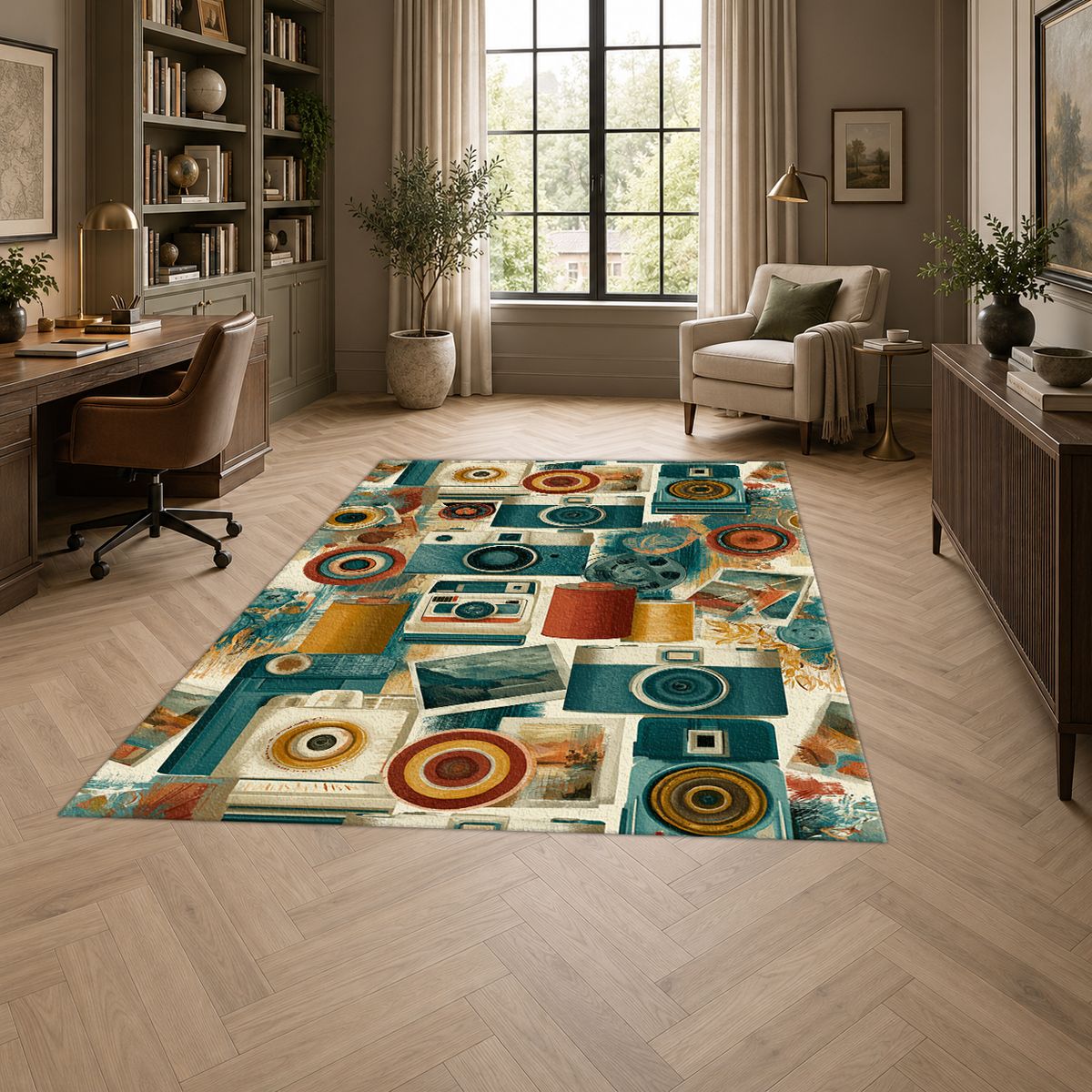 Retro Camera Collage printed area rug