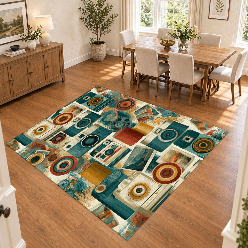 Retro Camera Collage printed area rug