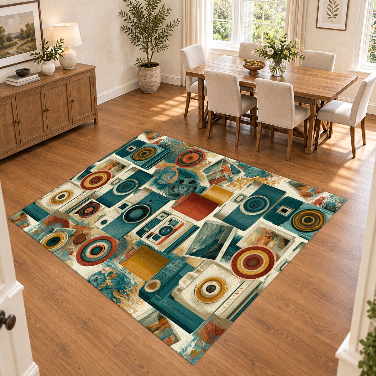 Retro Camera Collage printed area rug