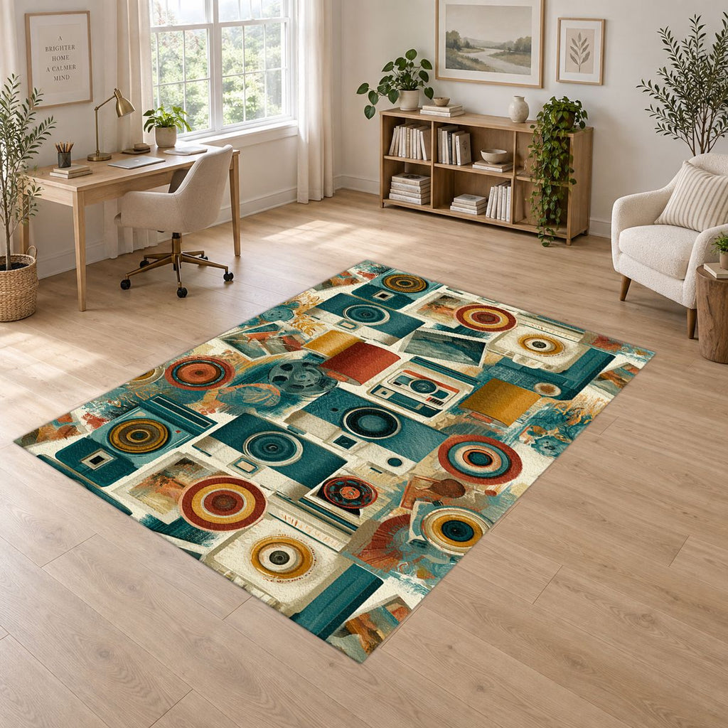 Retro Camera Collage printed area rug