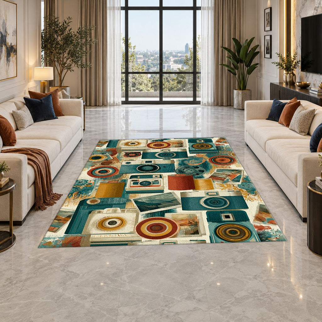 Retro Camera Collage printed area rug