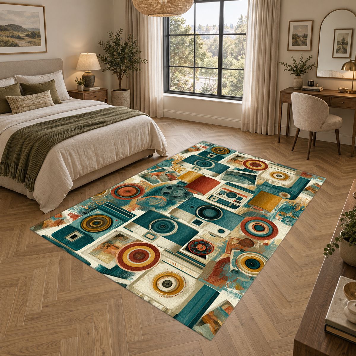 Retro Camera Collage printed area rug