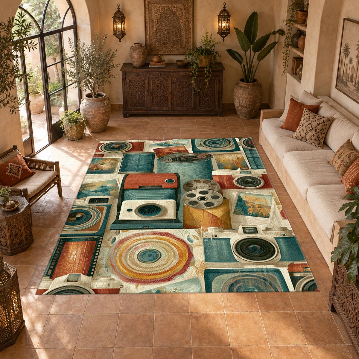 Vintage Camera and Film Reel Collage printed area rug
