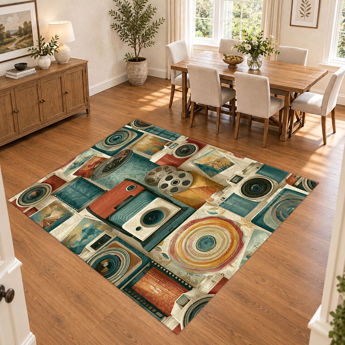 Vintage Camera and Film Reel Collage printed area rug