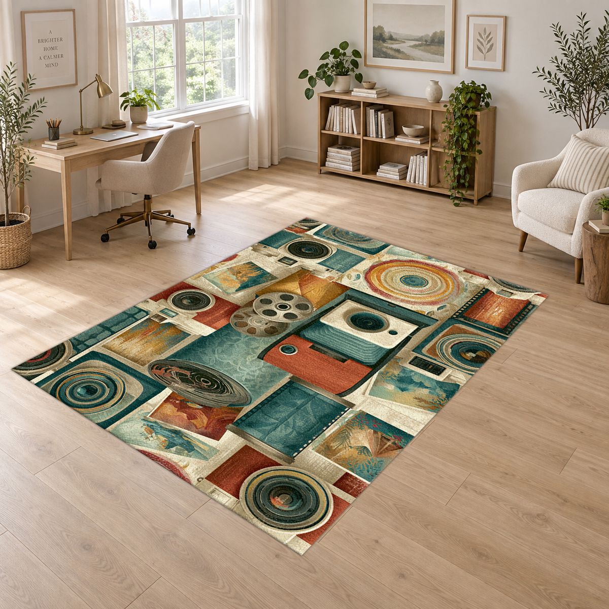 Vintage Camera and Film Reel Collage printed area rug