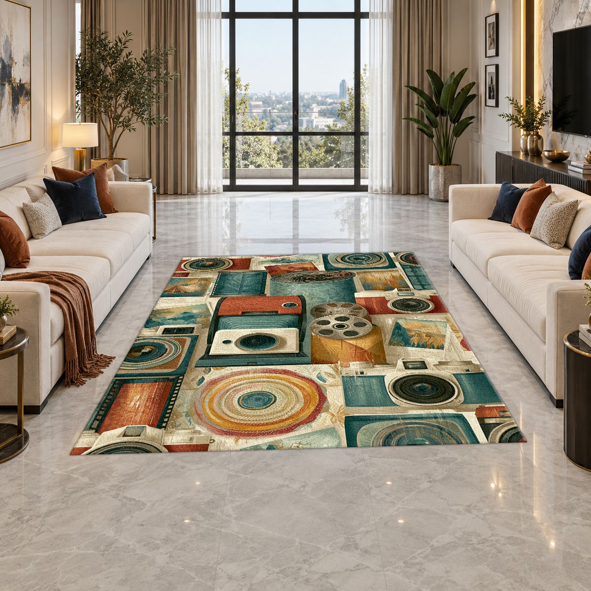 Vintage Camera and Film Reel Collage printed area rug