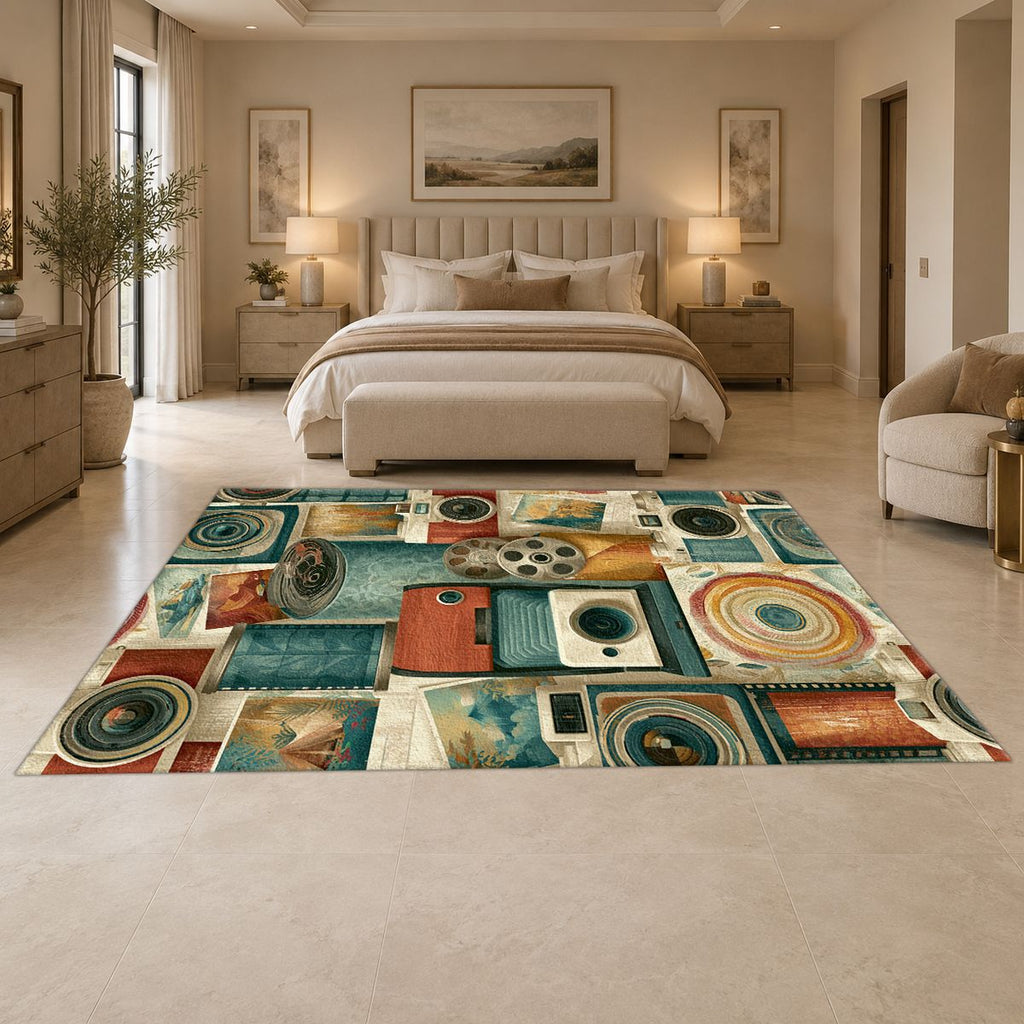 Vintage Camera and Film Reel Collage printed area rug