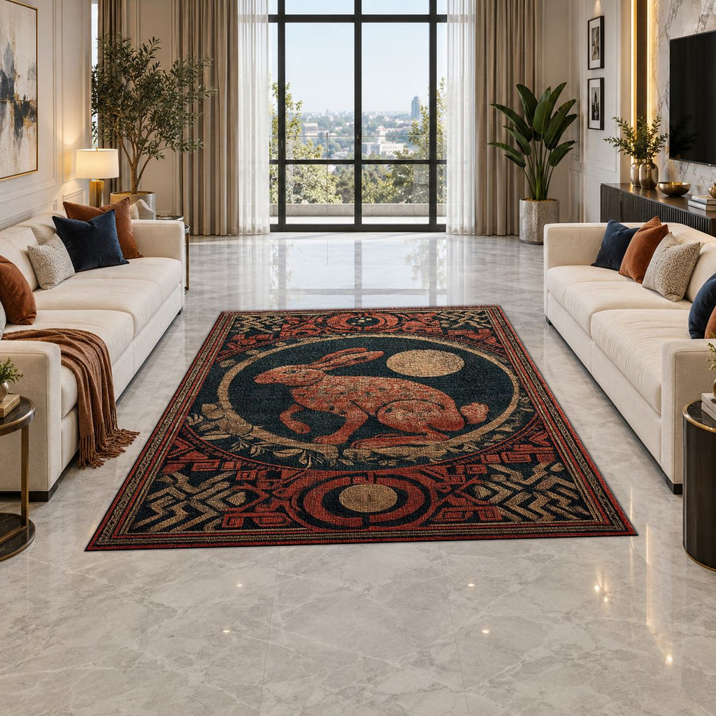 Red Moon Rabbit Folk Medallion printed area rug