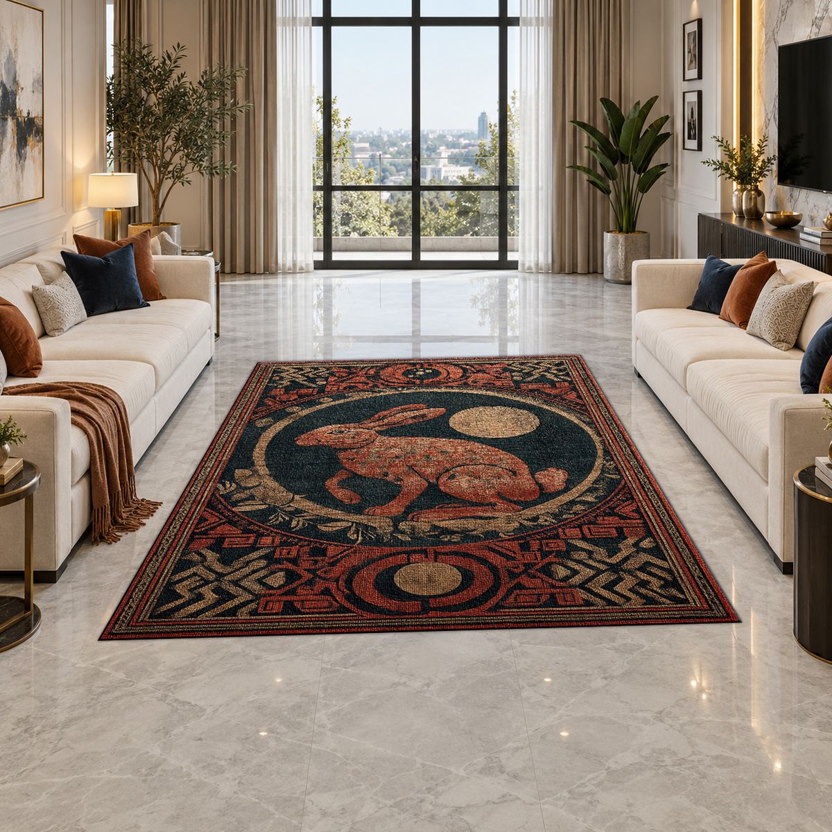 Red Moon Rabbit Folk Medallion printed area rug