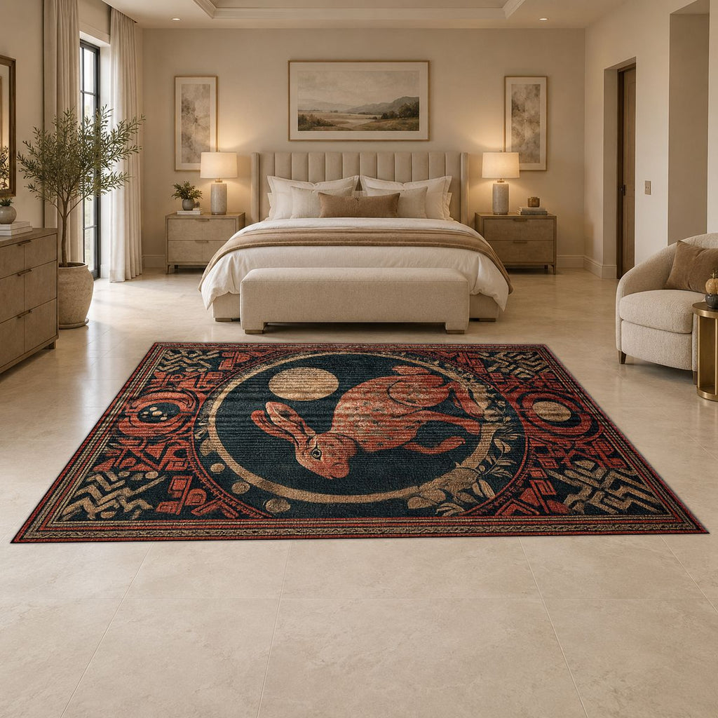 Red Moon Rabbit Folk Medallion printed area rug