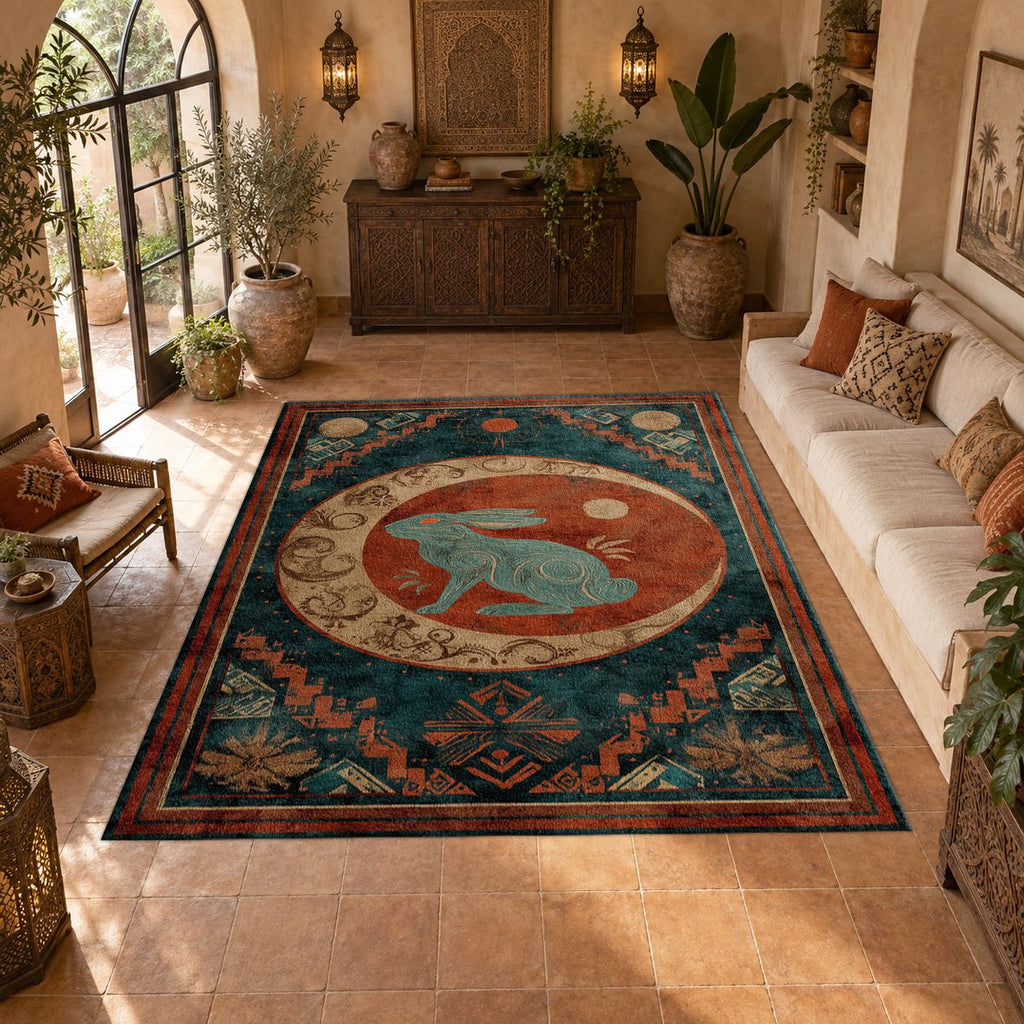 Teal Rabbit Moon Medallion printed area rug