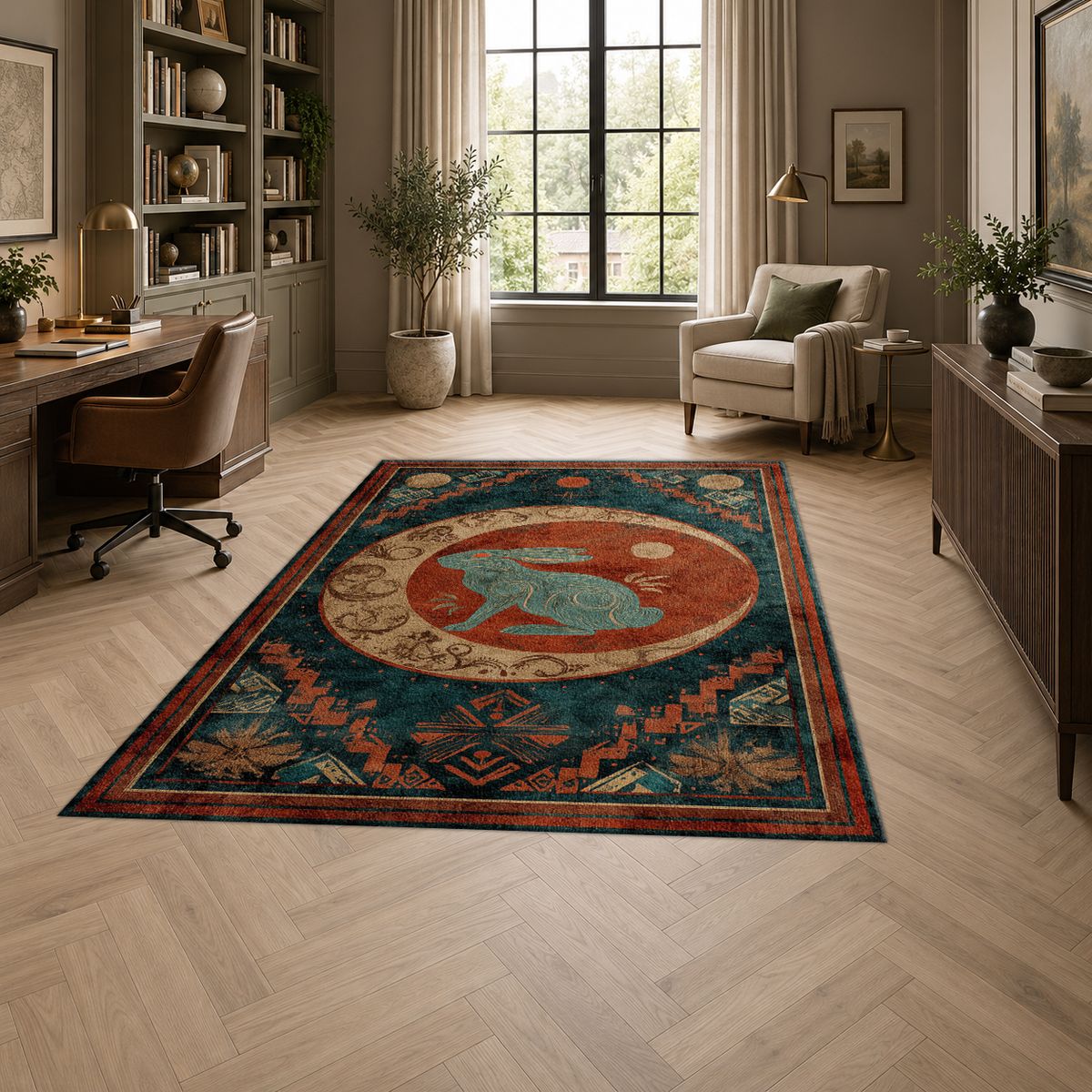 Teal Rabbit Moon Medallion printed area rug