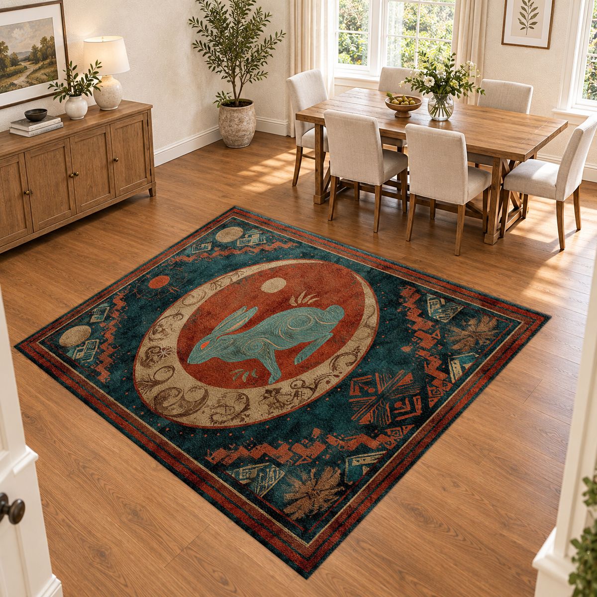 Teal Rabbit Moon Medallion printed area rug