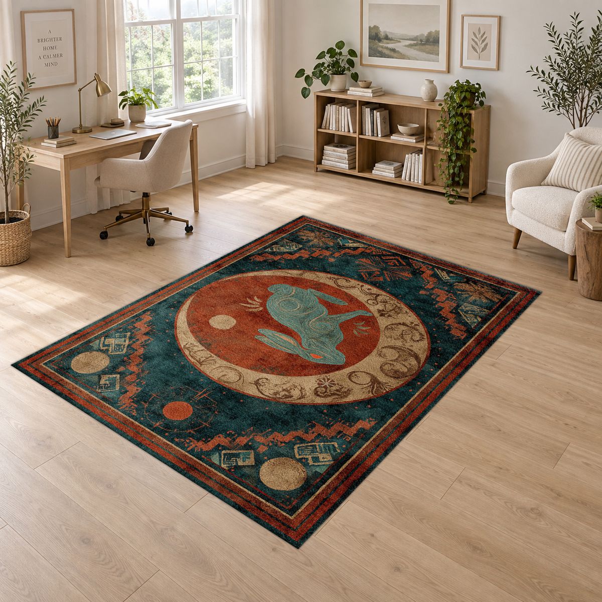 Teal Rabbit Moon Medallion printed area rug