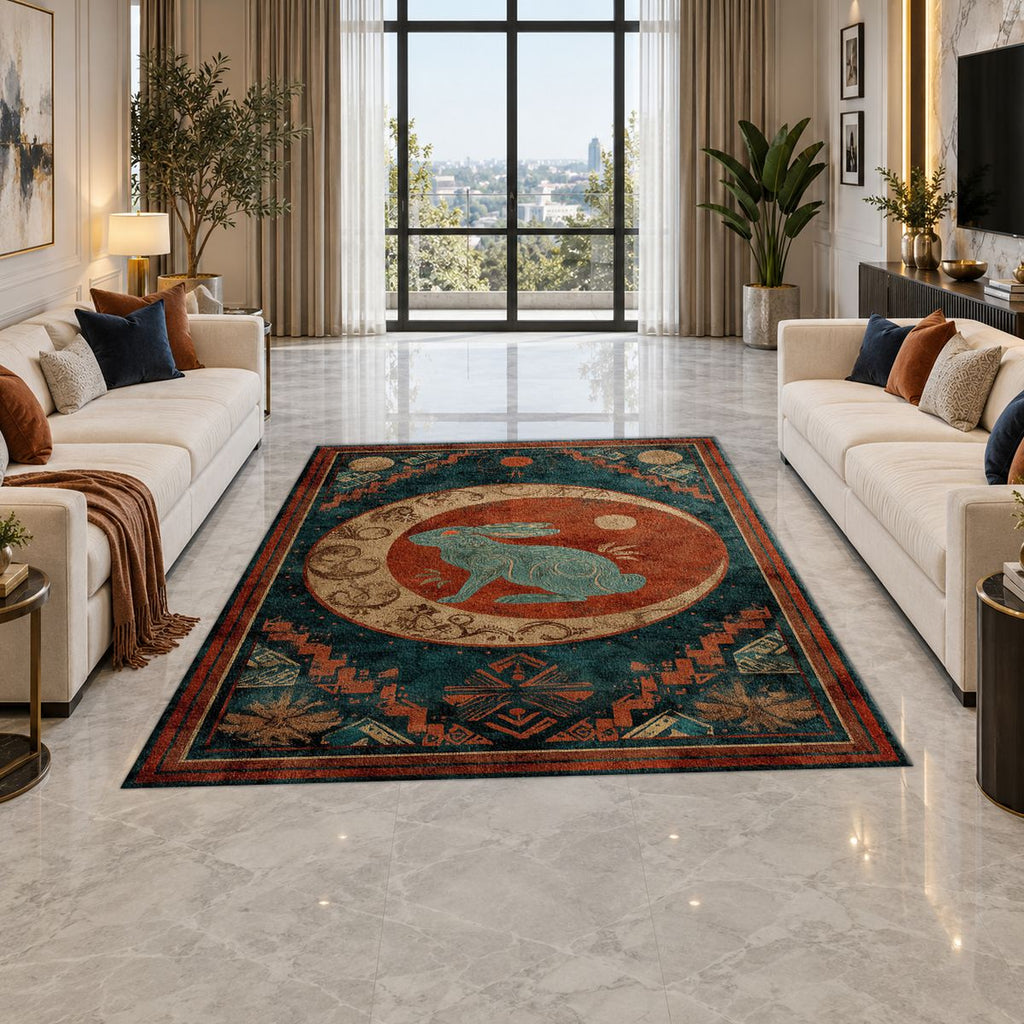 Teal Rabbit Moon Medallion printed area rug