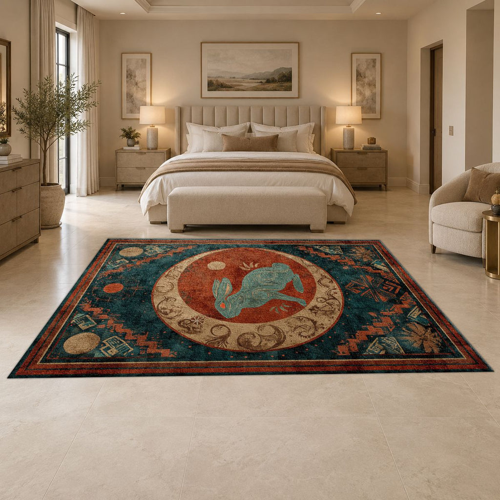 Teal Rabbit Moon Medallion printed area rug