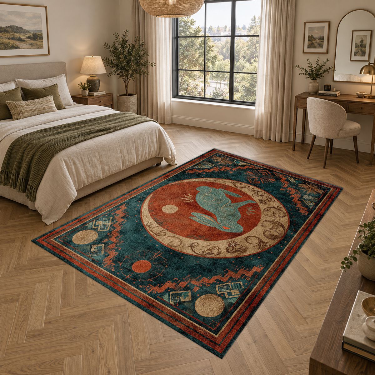 Teal Rabbit Moon Medallion printed area rug
