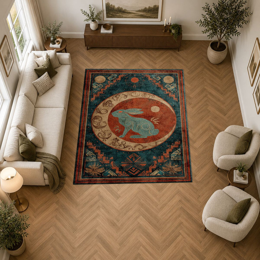 Teal Rabbit Moon Medallion printed area rug