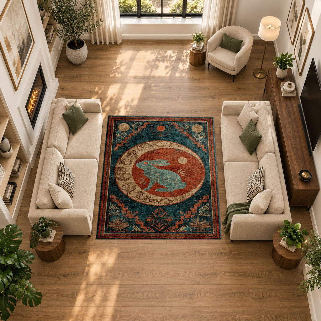 Teal Rabbit Moon Medallion printed area rug