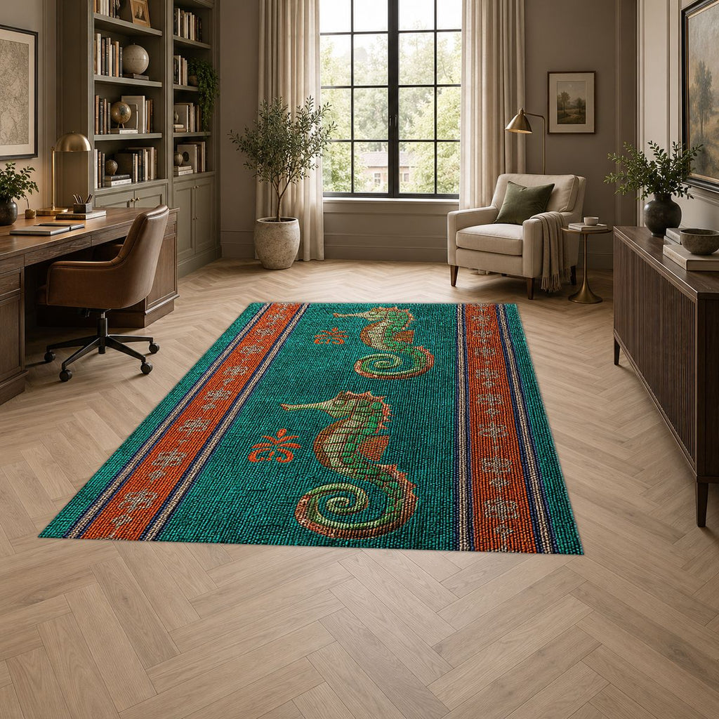 Teal Seahorse Striped Runner printed area rug