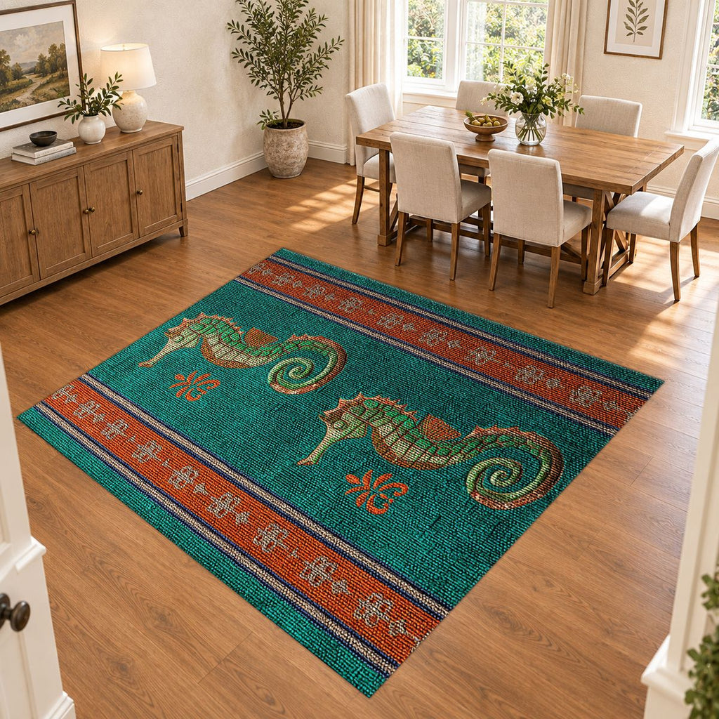 Teal Seahorse Striped Runner printed area rug