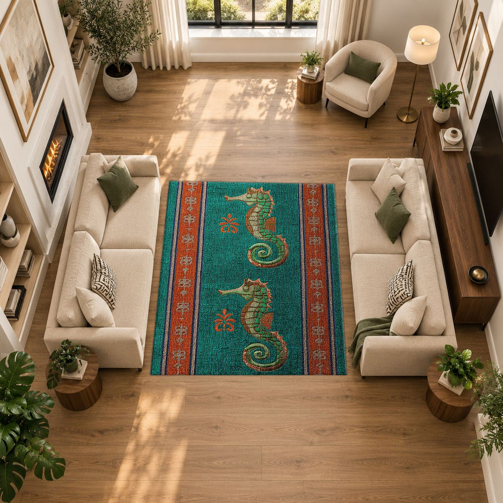 Teal Seahorse Striped Runner printed area rug