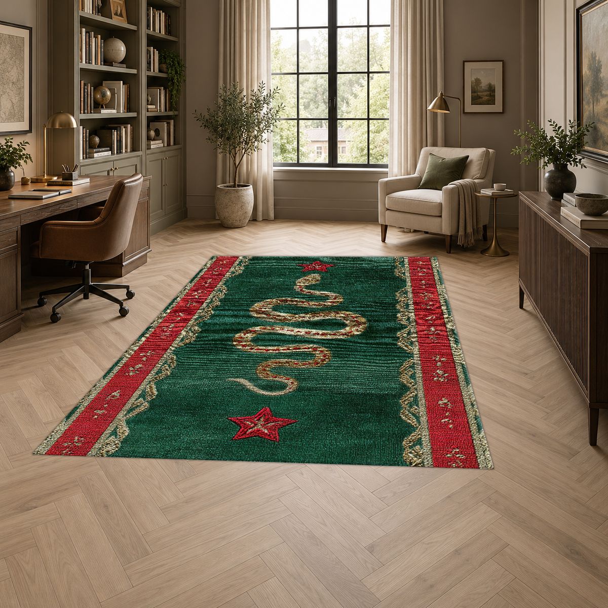 Green and Red Serpent Runner printed area rug