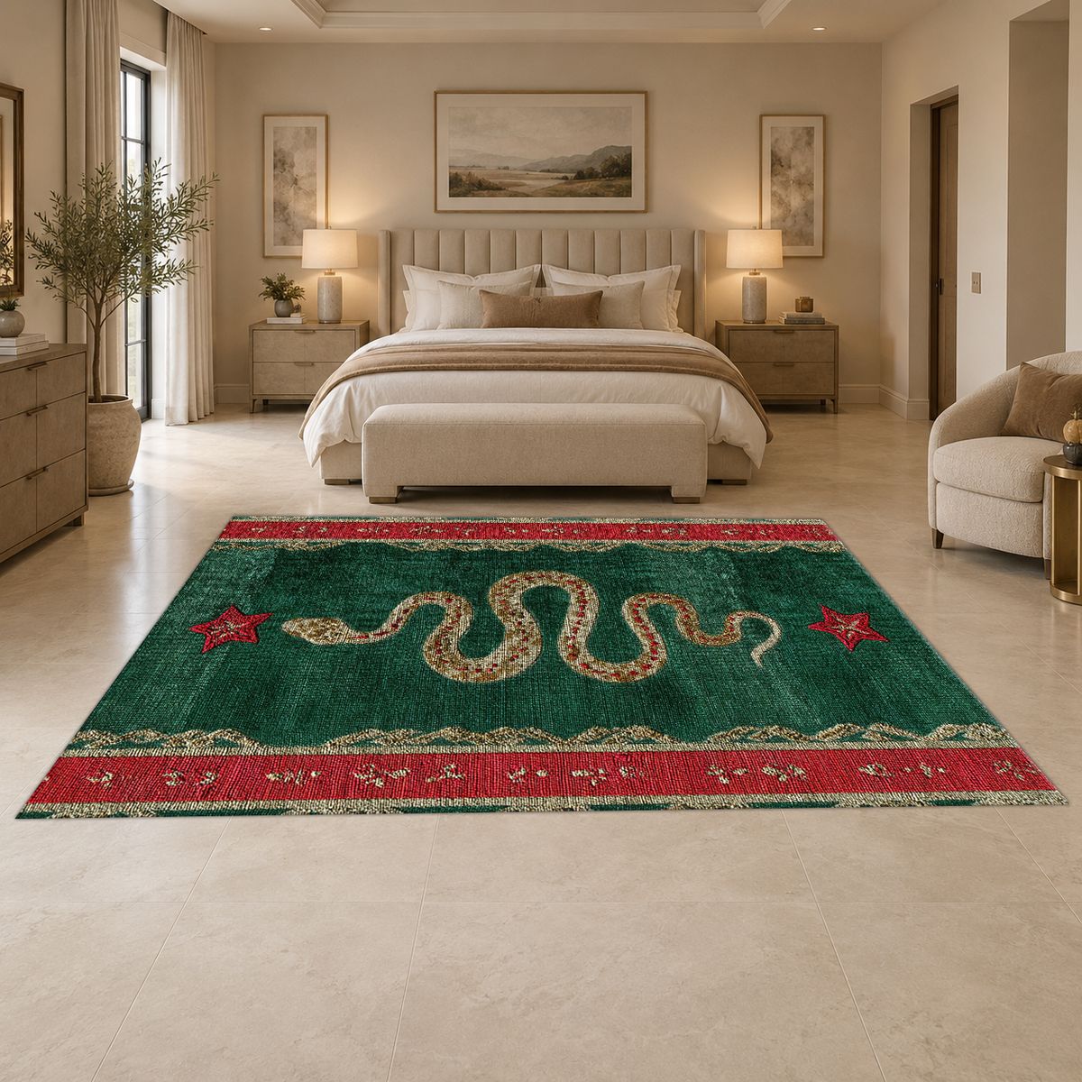Green and Red Serpent Runner printed area rug