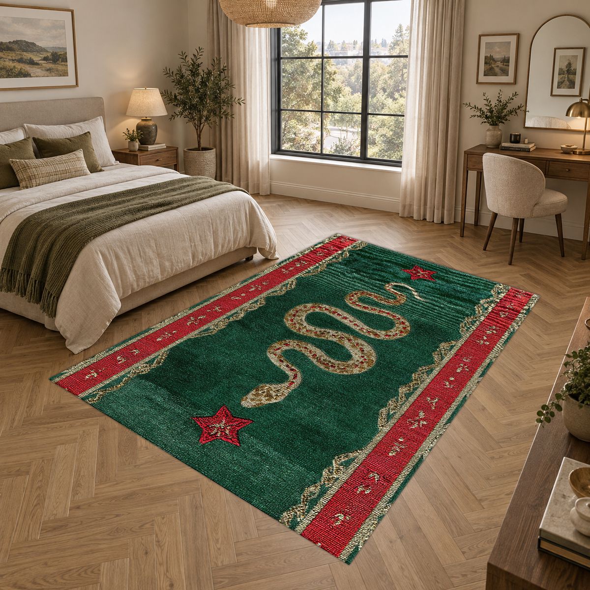 Green and Red Serpent Runner printed area rug