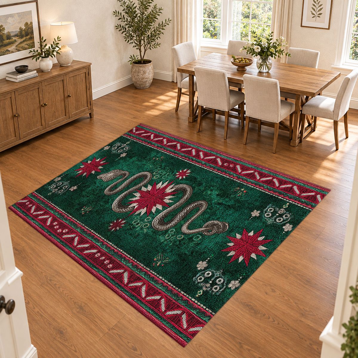 Emerald Snake Folk Border printed area rug