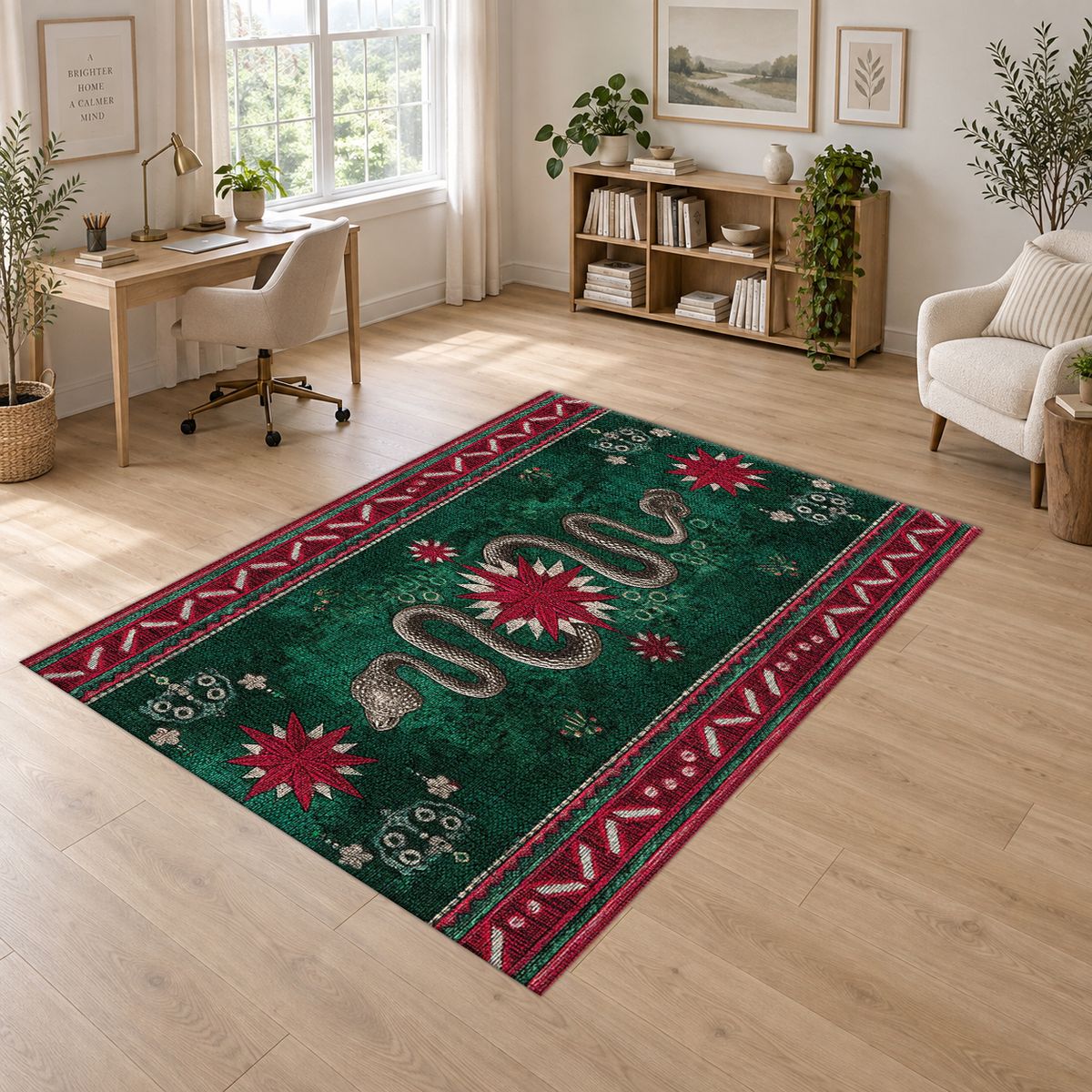 Emerald Snake Folk Border printed area rug