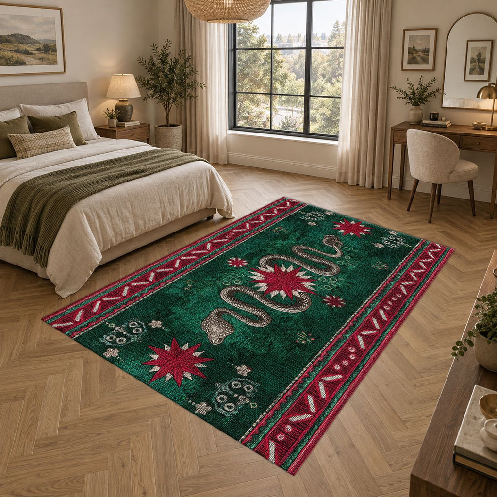 Emerald Snake Folk Border printed area rug