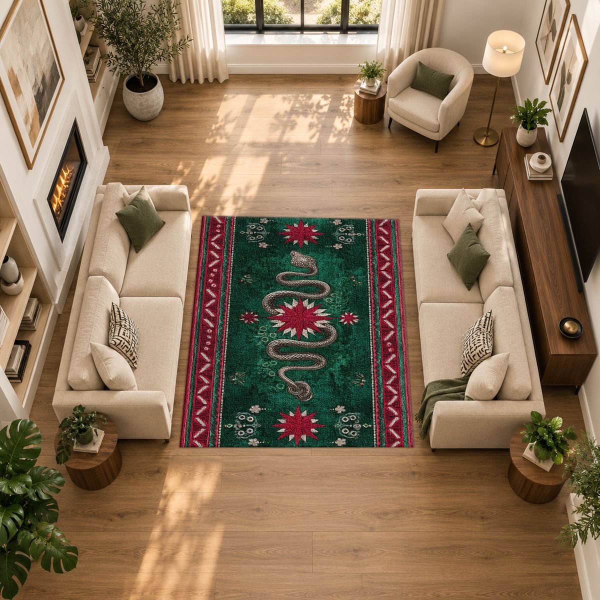 Emerald Snake Folk Border printed area rug