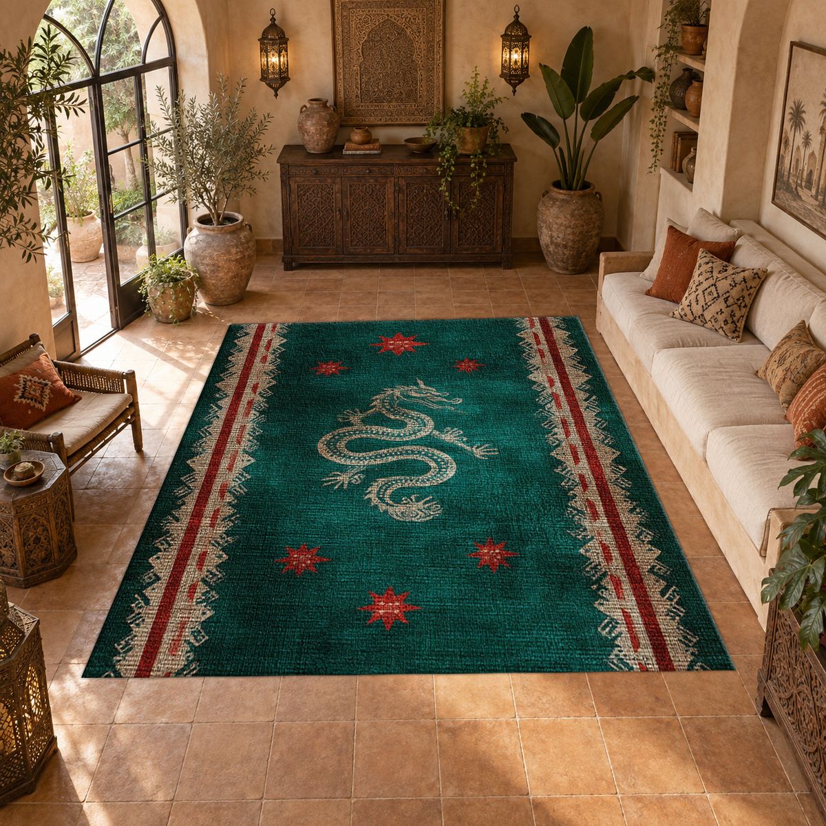 Dark Teal Dragon Runner printed area rug