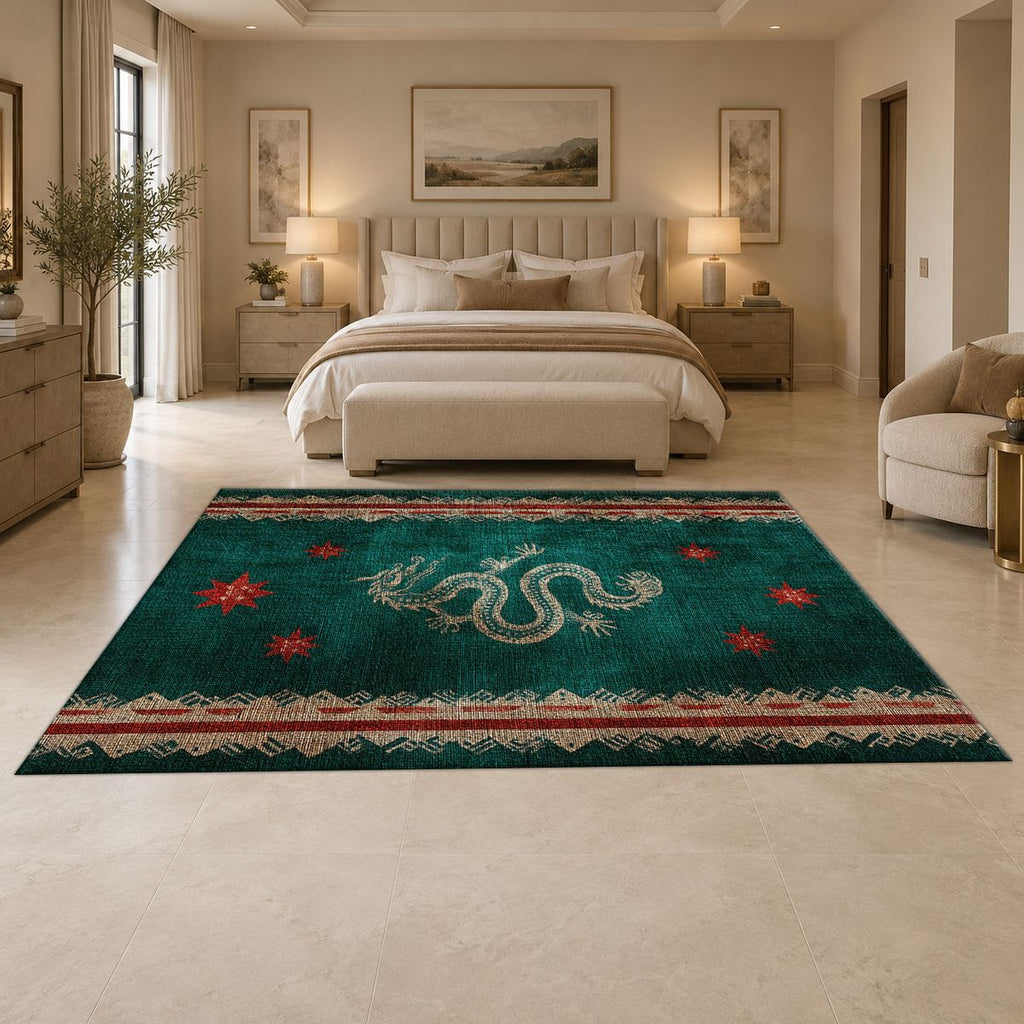 Dark Teal Dragon Runner printed area rug