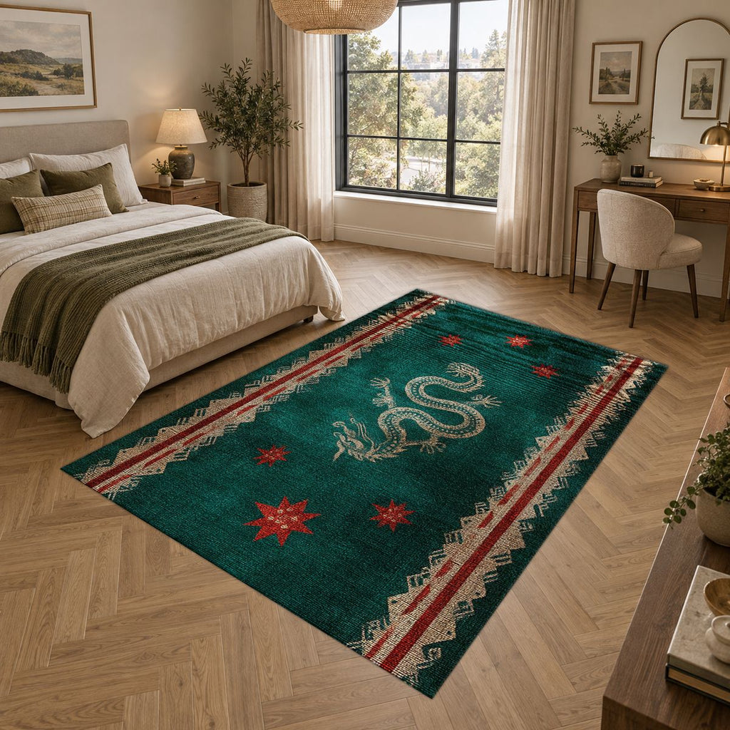 Dark Teal Dragon Runner printed area rug