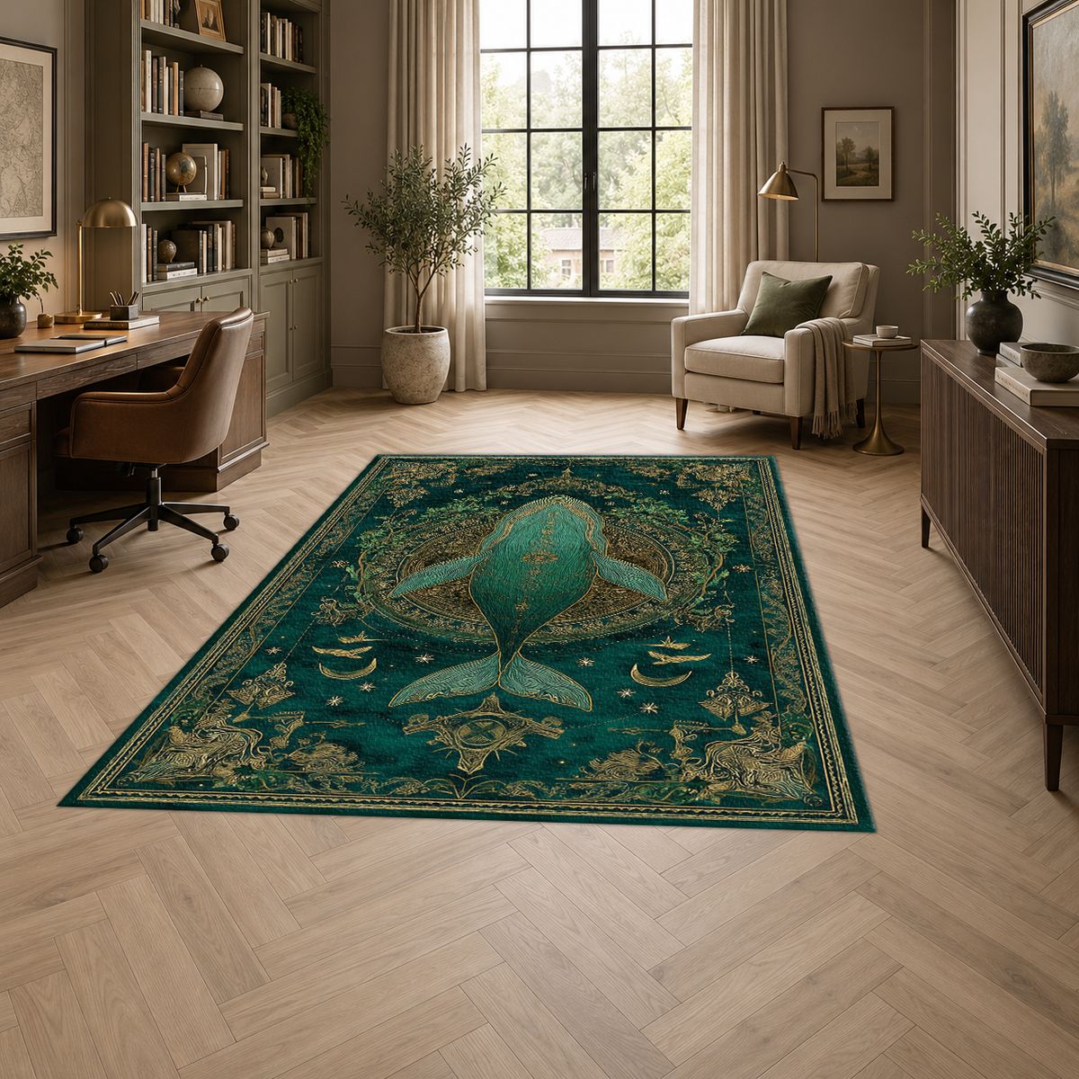 Teal Whale Celestial Medallion printed area rug