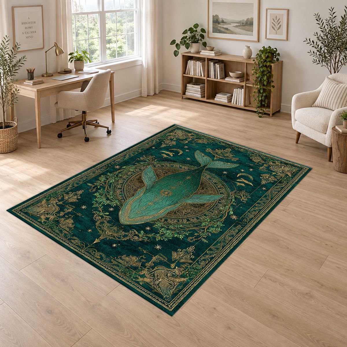 Teal Whale Celestial Medallion printed area rug